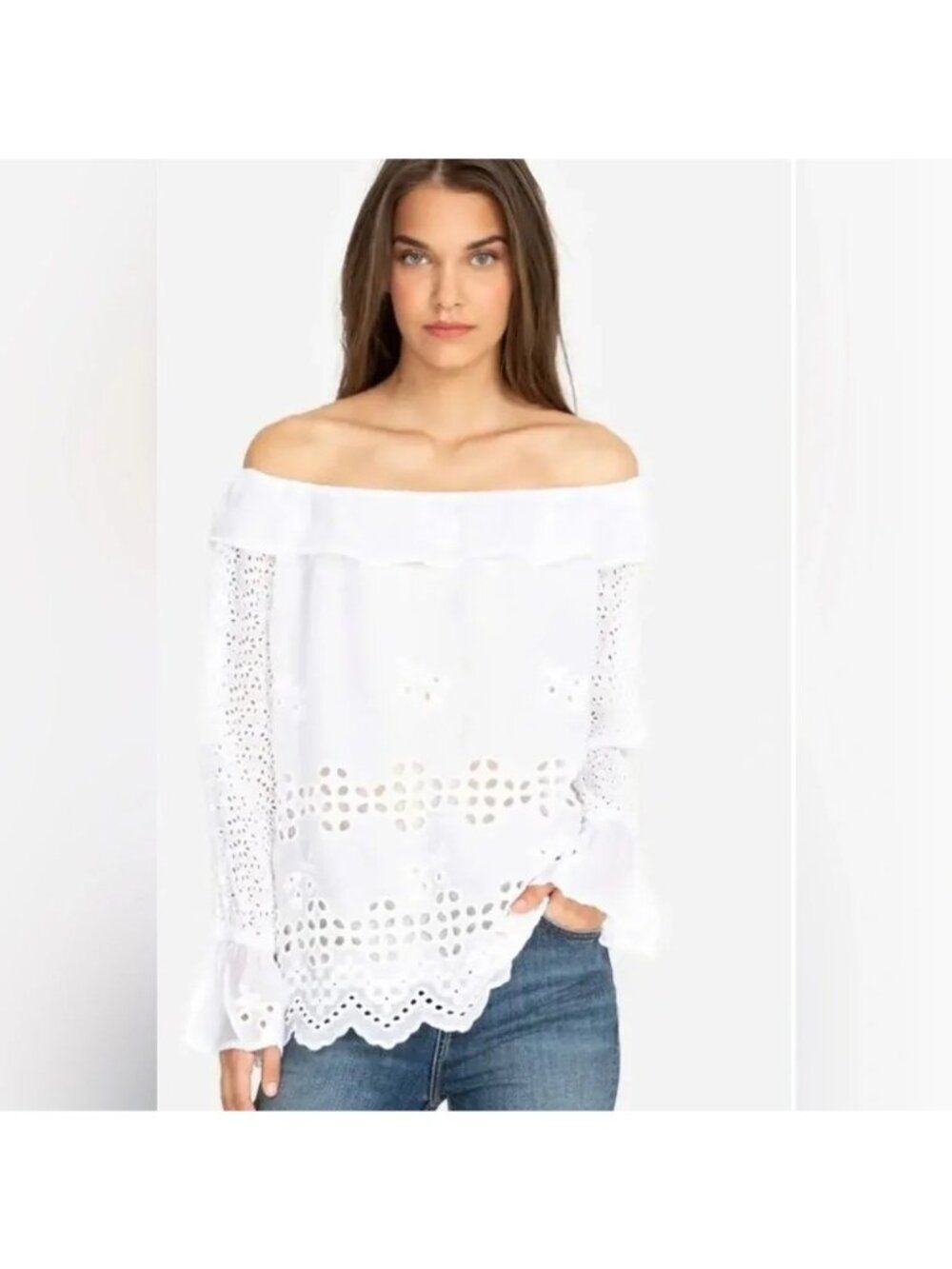 JOHNNY WAS Lilith Off Shoulder Eyelet Blouse Small Boho Beachy Lightweight